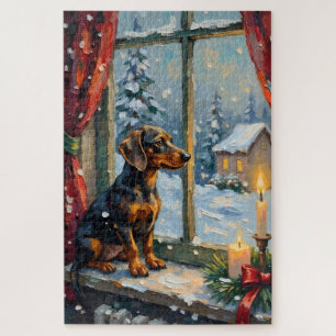 Vintage-Dachshund an gemütlichem Weihnachtsfenster Puzzle