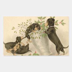 Vintage-Dachshund-Hunde-Weihnachts-Feiertags-Aufkl Rechteckiger Aufkleber