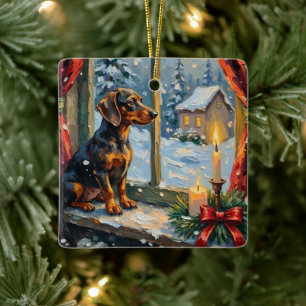 Vintage-Dackel am gemütlichen Weihnachtsfenster Keramikornament