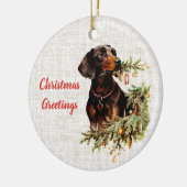 Vintage Dackel Hund Rustikale Weihnachtsgrüße Keramik Ornament (Links)
