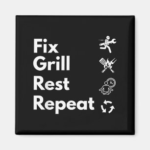 Vintage Dad repariert Grill ruht wiederholt Hinter Magnet