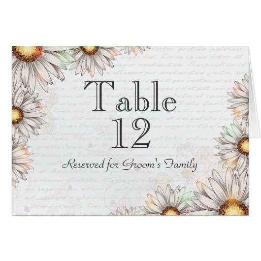 Vintage Daisies & Writing Wedding Tischnummer (Vorderseite (Horizontal))