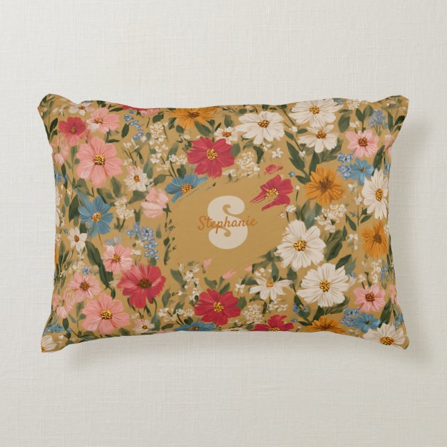 Vintage Daisy Pattern - Mustard Dekokissen (Vorderseite)