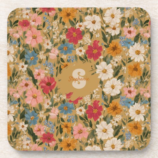 Vintage Daisy Pattern - Mustard Getränkeuntersetzer (Vorderseite)