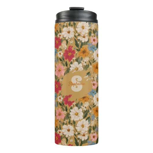 Vintage Daisy Pattern - Mustard Thermosbecher (Vorderseite)