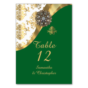 Vintage Damasehe in Weiß, Grün und Gold Tischnummer
