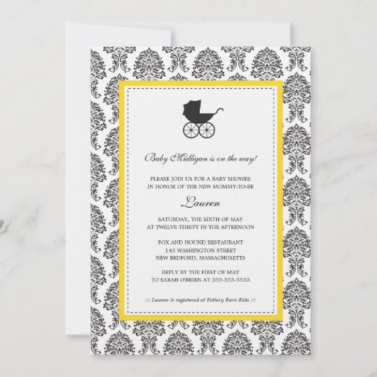 Vintage Damask Baby Carriage Baby Dusche Einladung (Vorderseite)