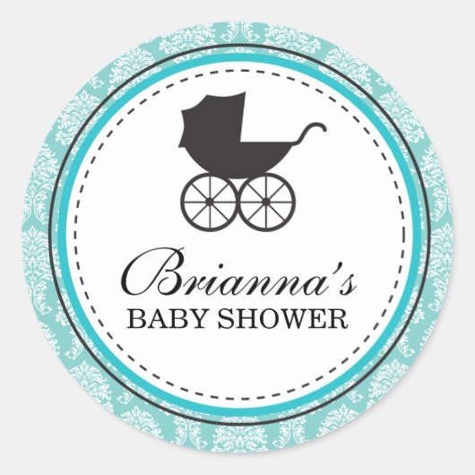 Vintage Damask Baby Carriage Baby Dusche Runder Aufkleber (Vorderseite)