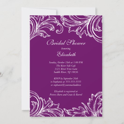 Vintage Damask Braun-Dusche Einladung Lila (Vorderseite)