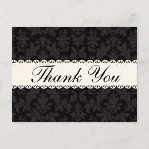 Vintage-Damask-Dankeschön-schwarze-Blumen-weiße-Sp Postkarte