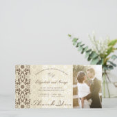 Vintage Damask Lace Kaffee & Cream Foto Hochzeit Dankeskarte (Stehend Vorderseite)