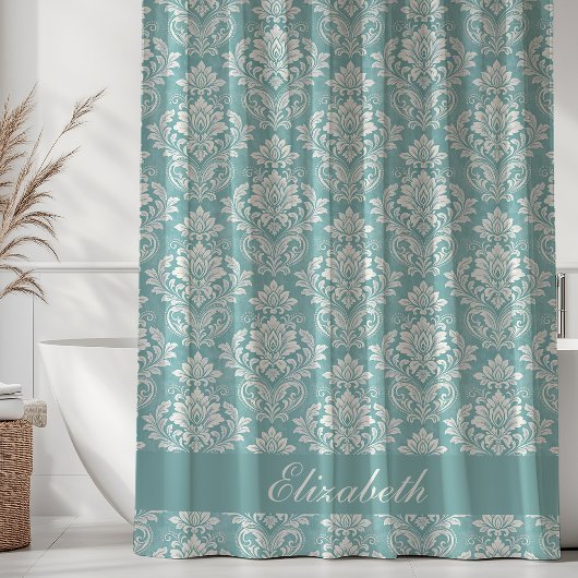 Vintage Damask-Muster Monogramm Name Türkis Duschvorhang