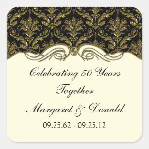 Vintage Damask Schwarz und Gold 50. Hochzeitstag Quadratischer Aufkleber