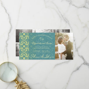 Vintage-Damask-Spitze-Pfau Blau Foto-Hochzeit Dankeskarte