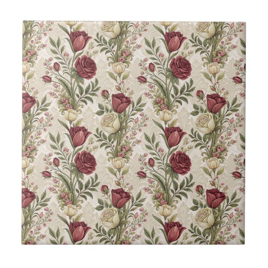 Vintage-Damaskrosengarten-Blumenmuster-Kunstwerk Fliese (Vorderseite)