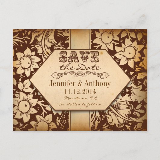 vintage Damast braune Save-the-Date-Postkarten Ankündigungspostkarte (Vorderseite)