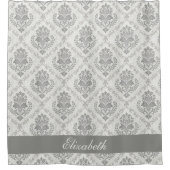 Vintage Damast-Muster Grau Monogramm Name Duschvorhang (Vorderseite)