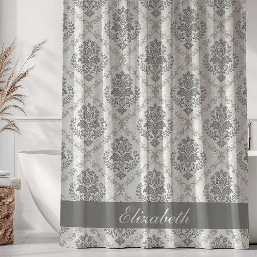 Vintage Damast-Muster Grau Monogramm Name Duschvorhang