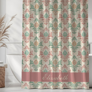 Vintage Damast-Muster Monogramm Name Rose Mint Duschvorhang