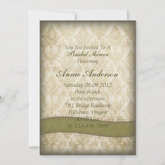 Vintage Damast Pfauenbräunendusche Einladung (Rückseite)