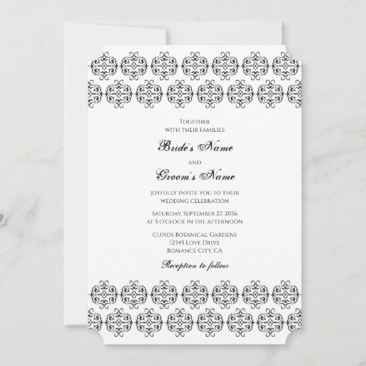 Vintage Damastensehung mit Schwarz-Weiß-Kalligrafi Einladung (Vorderseite)