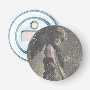 Vintage-Dame aus dem Jahr 1900 im Schnee Flaschenöffner