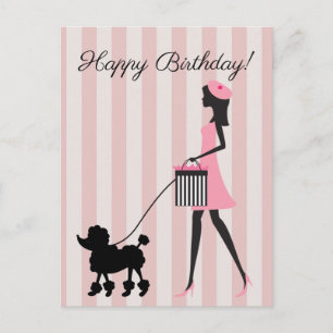 Vintage Dame, die schwarze Poodle geht Happy Birth Postkarte