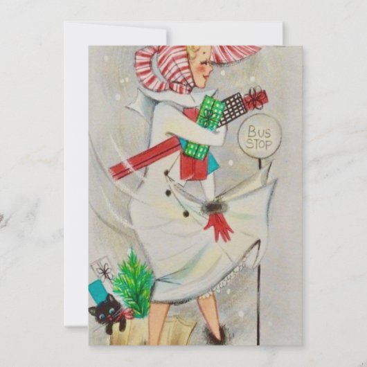 Vintage Dame, die Weihnachtsgeschenke hält Feiertagskarte (Vorderseite)