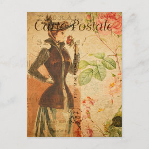 Vintage Dame Frau mit roten Rosen Floral Französis Postkarte