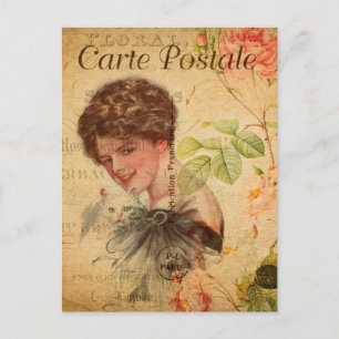 Vintage-Dame Frau mit süßer Katze Floral Französis Postkarte