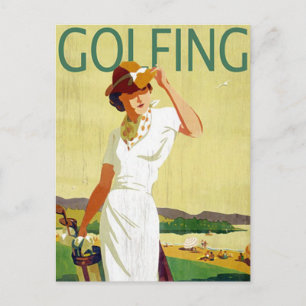 Vintage Dame Golferin Golfen Postkarte