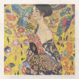 Vintage-Dame im Jugendstil mit Fächer-Gemälde Glasuntersetzer