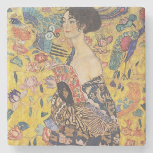 Vintage-Dame im Jugendstil mit Fächer-Gemälde Steinuntersetzer