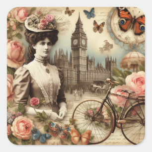 Vintage-Dame im viktorianischen Stil und Fahrrad-C Quadratischer Aufkleber