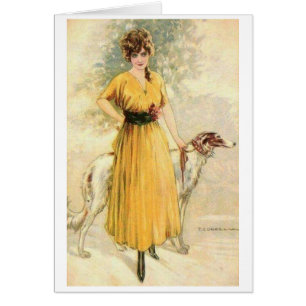 Vintage - Dame in Gelb mit Borzoi,