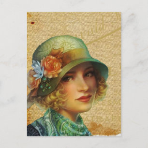 Vintage-Dame in Hut-Collage-Kunst Postkarte