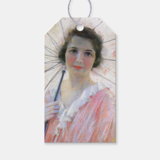 Vintage Dame in rosa Kleid mit Sonnenschirm Geschenkanhänger (Vorderseite)