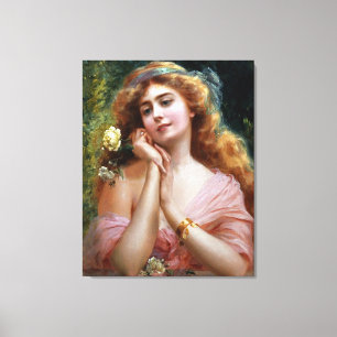 Vintage Dame in rosa mit gelbem Rose Leinwanddruck