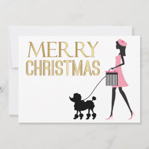 Vintage Dame in rosa schwarzem Poodle Frohe Weihna Einladung