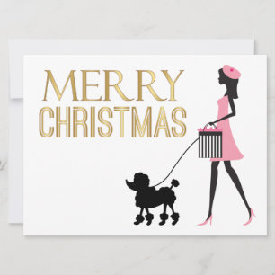 Vintage Dame in rosa schwarzem Poodle Frohe Weihna Feiertagskarte