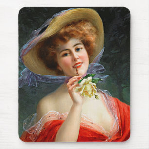 Vintage-Dame in Rot mit gelber Rose Mousepad