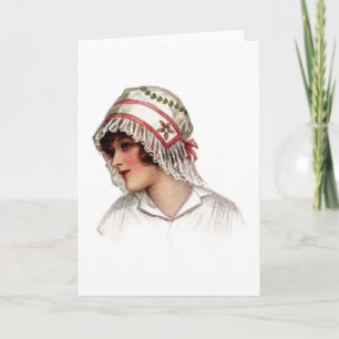 Vintage Dame in Stickerei und Spitzen-Bonnet Karte