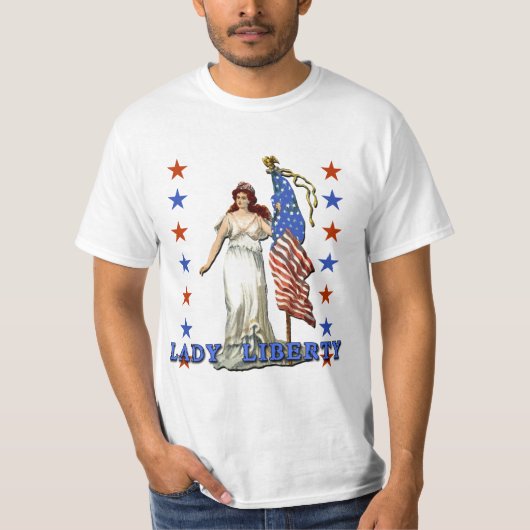 Vintage Dame Liberty mit amerikanischer Flagge T-Shirt (Vorderseite)