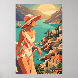 Vintage-Dame mit Blick auf die spanische Küste Poster