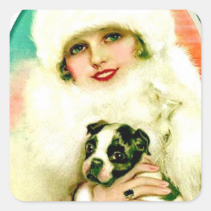 Vintage Dame mit Boston Terrier Quadratischer Aufkleber