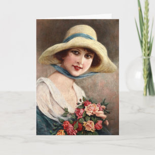 Vintage Dame mit Bouquet aus Rose Karte