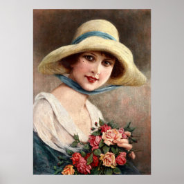 Vintage Dame mit Bouquet aus Rose Poster