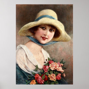 Vintage Dame mit Bouquet aus Rose Poster