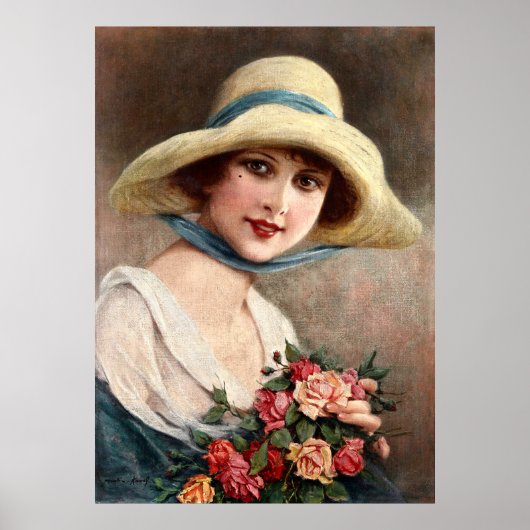 Vintage Dame mit Bouquet aus Rose Poster (Vorne)