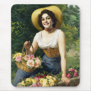 Vintage Dame mit einem Korb aus rosa und gelben Ro Mousepad
